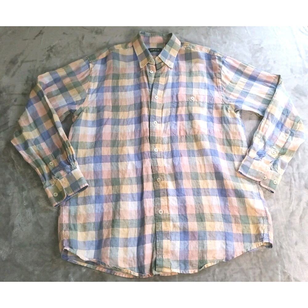 Orvis Button Down Long Sleeve Shirt Mens Large 100% Linen Multicolor
